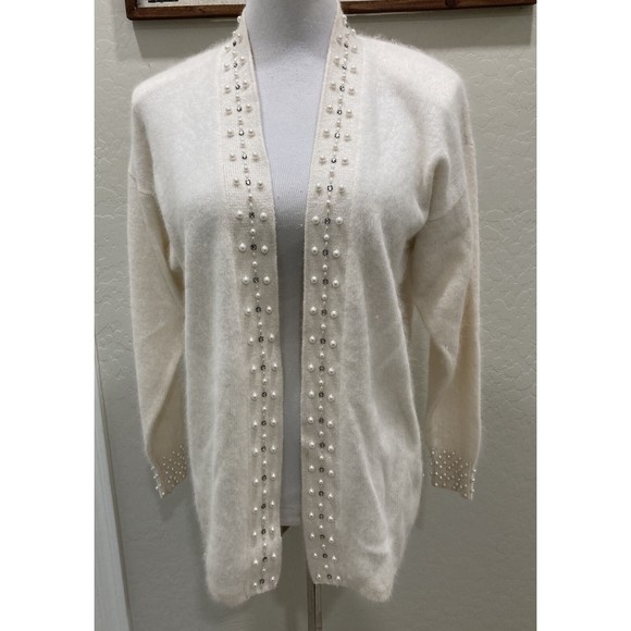 Eugenia by Angenie Winter White Open Cardigan SZ XL 40% Angora Embellished - Picture 1 of 16
